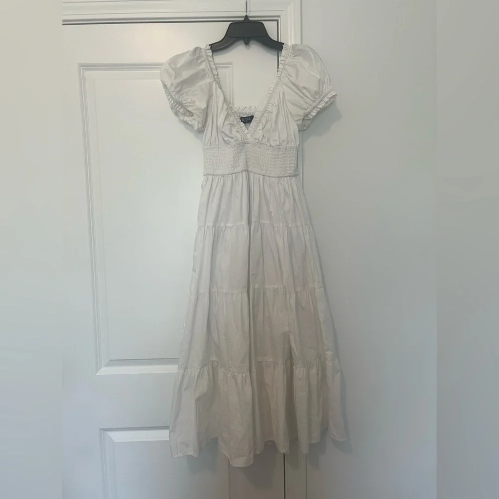 O.P.T Puff Sleeve Smocked Midi Dress in Classic White - Picture 3 of 8